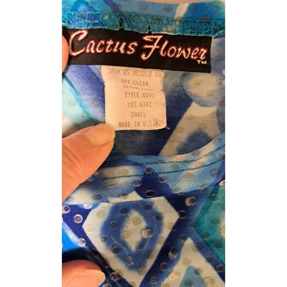 Cactus Flower Blue Sparkle Geometric Top – Size Small- boho, sparkle, chic - Picture 3 of 6